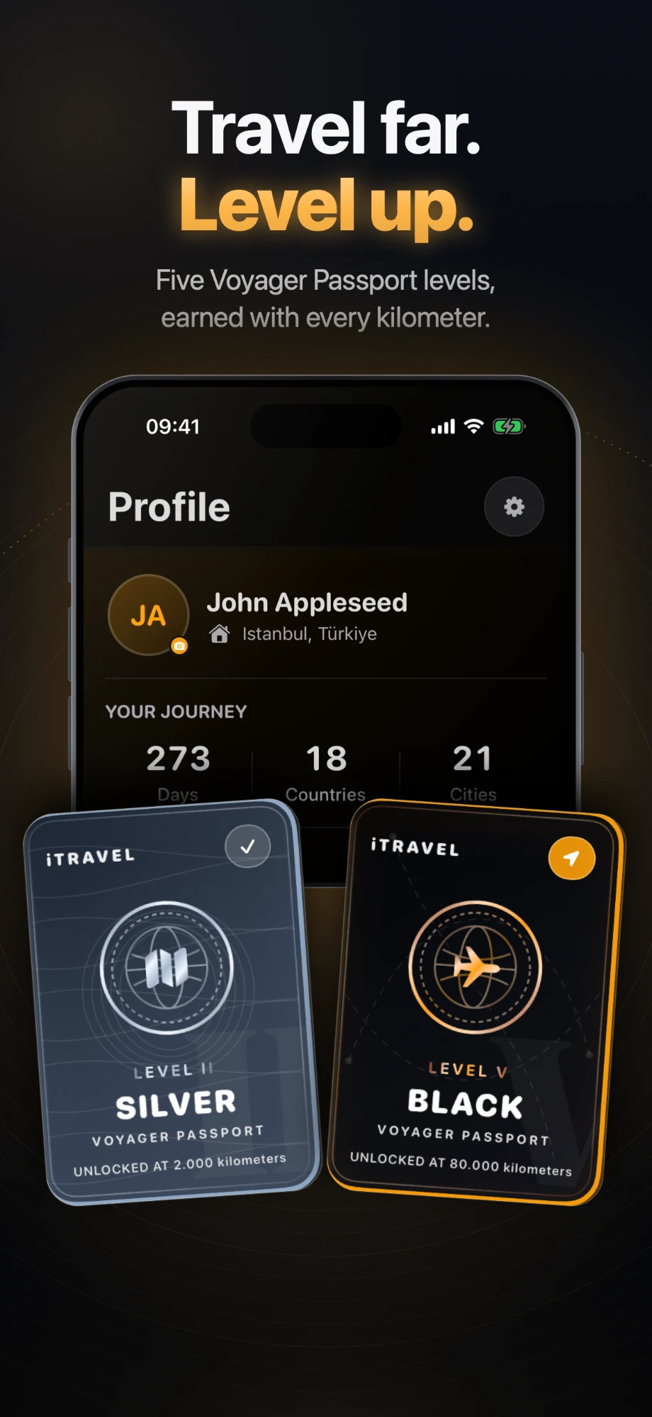 Travel far. Level up. Silver and Black Voyager Passport levels.