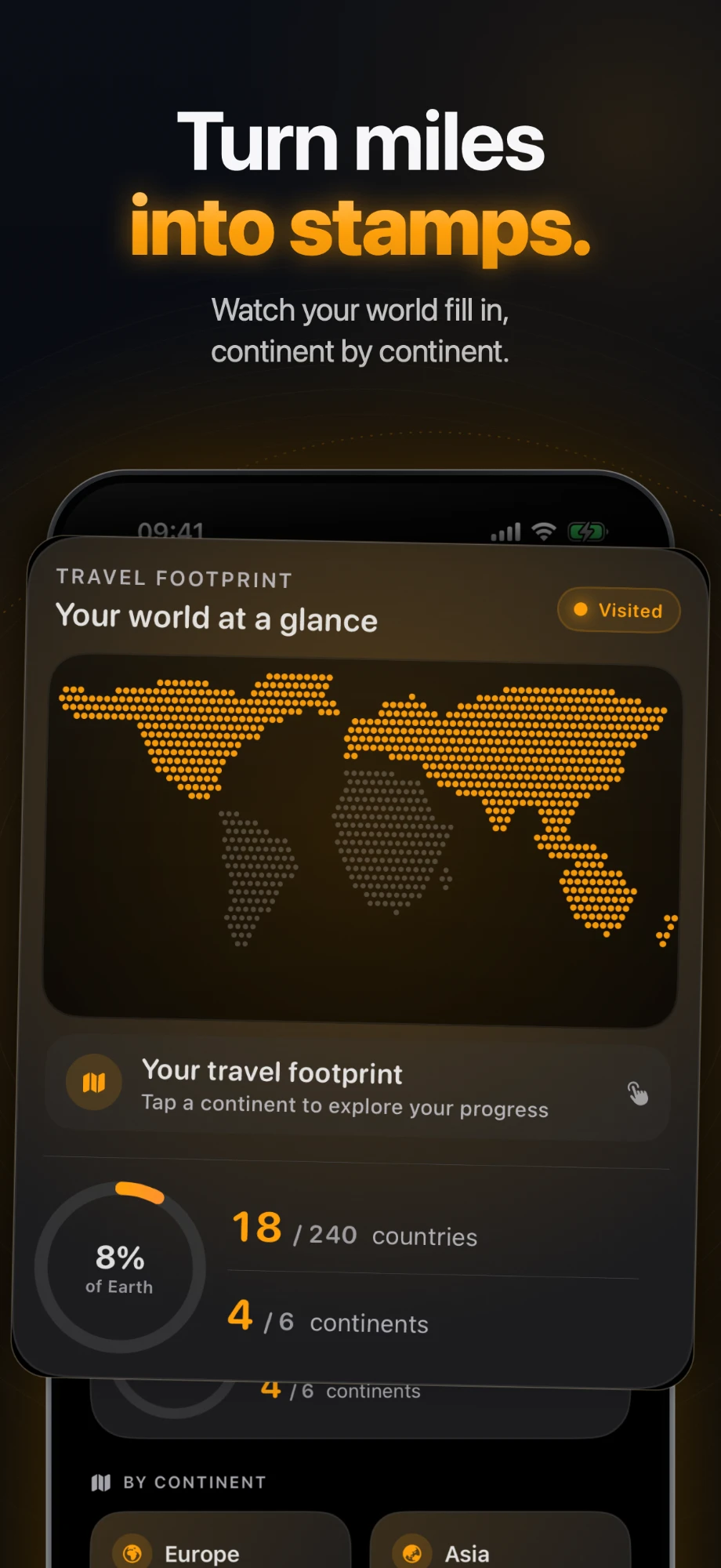 Turn miles into stamps. The travel footprint, continent by continent.