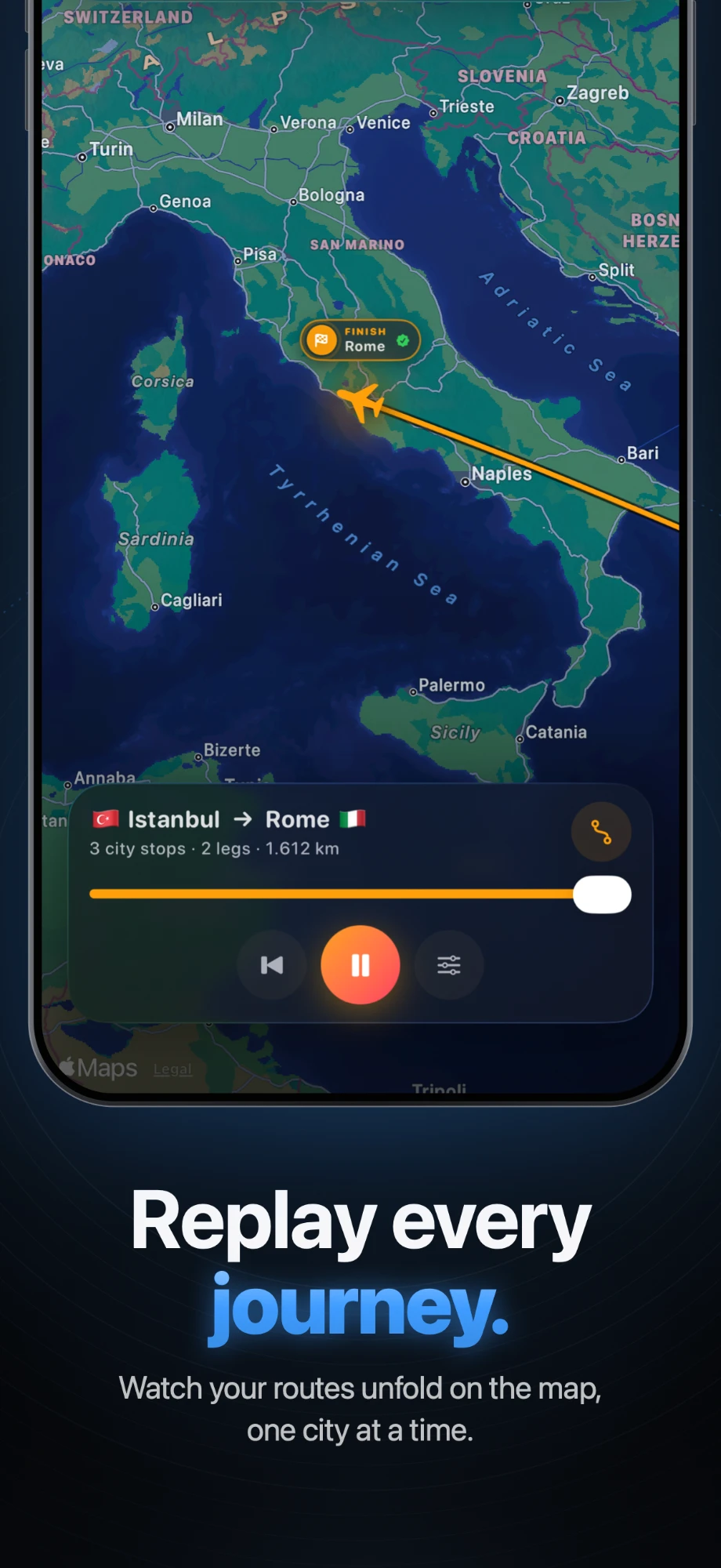 Replay every journey. A route from Istanbul to Rome animating across the map.